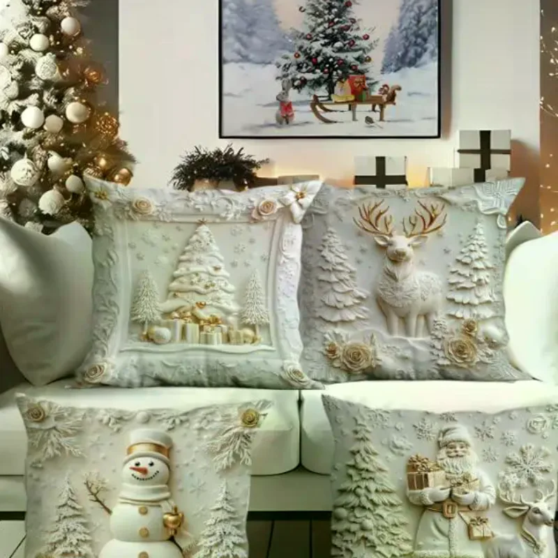 45cm Linen Christmas Pillowcase Cartoon Santa Snowman Elk Sofa Cushion Cover Home Bed Car Decor Merry Christmas Happy New Year