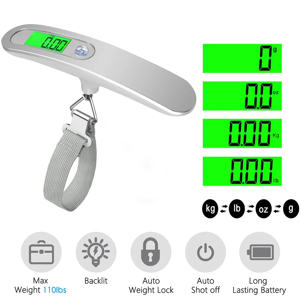 Enhanced Digital Backlight Travel Luggage Scale with Steelyard Hook, 50kg Capacity