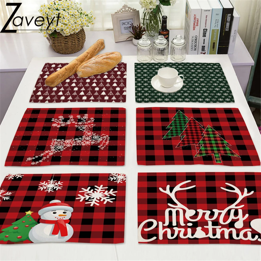 1pcs Snowman Cartoon Linen Dining Mat Merry Christmas Decorative Green Red Christmas Tree Print Placemats Cup Pads New Year 2023