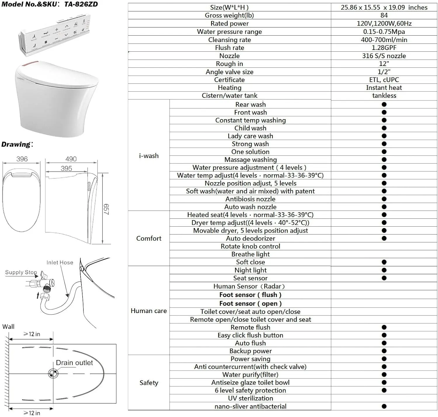 Smart Toilet Bidet Toilet Heated Seat Integrated Multi Function Tankless Toilet Smart Bidet Automatic Flushing Remote Control 6
