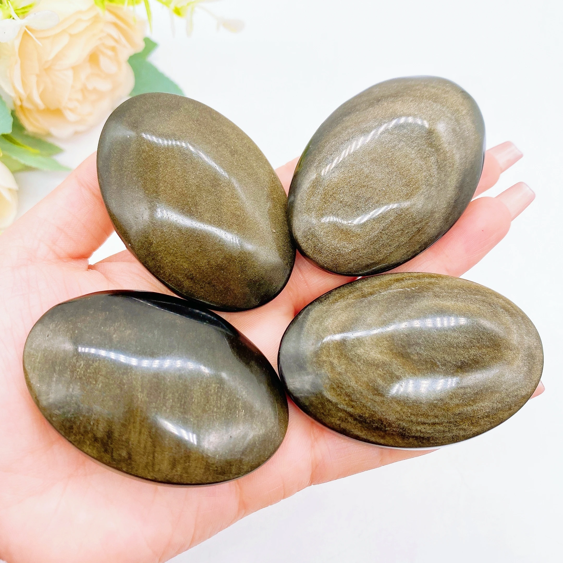 Natural Crystal Gem Gold Obsidian Palm Stone Thumb Toy Hot Compress Crafts Healing Health Family message tool Home Decor Gift