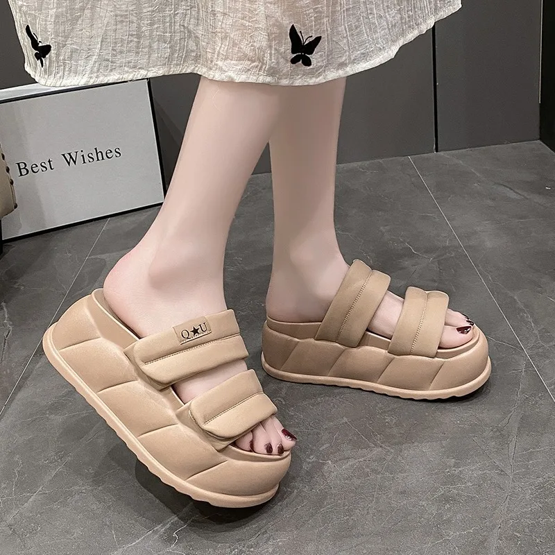 7CM Heels Chunky Sandals Women Slip On High Platform Beach Slippers Woman Summer Thick Bottom Leather Flip Flops Sandalias Mujer