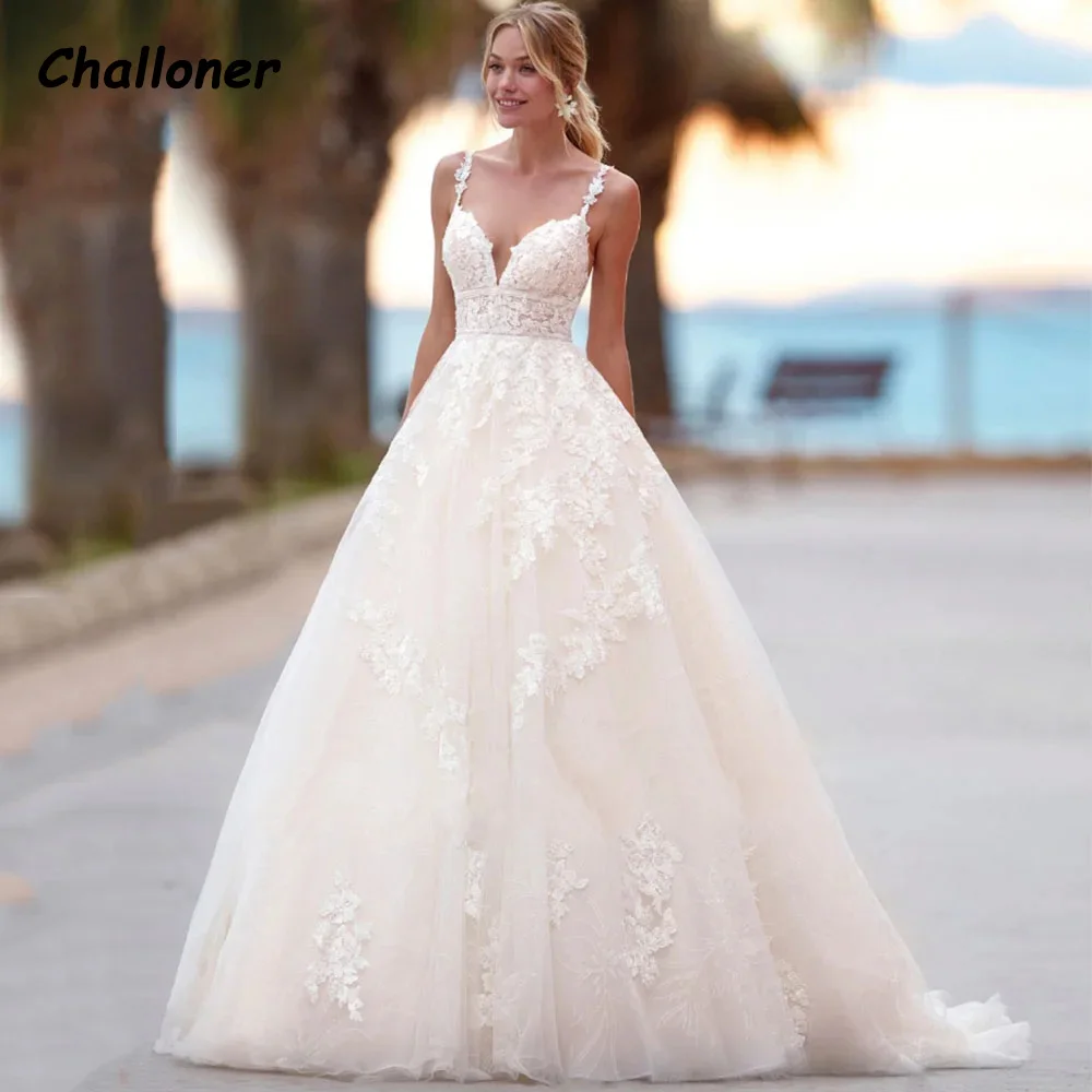 

Challoner Elegant V-Neck Wedding Dress Spaghetti Straps Applique Backless Floor Length Tulle Bridal Gown Vestidos De Novia New