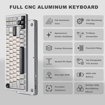 YUNZII AL71 Aluminum Mechanical Gaming Keyboard, Hot Swappable Gasket Custom RGB Wireless Keyboard, 71 Key Full CNC Study Keeb 2