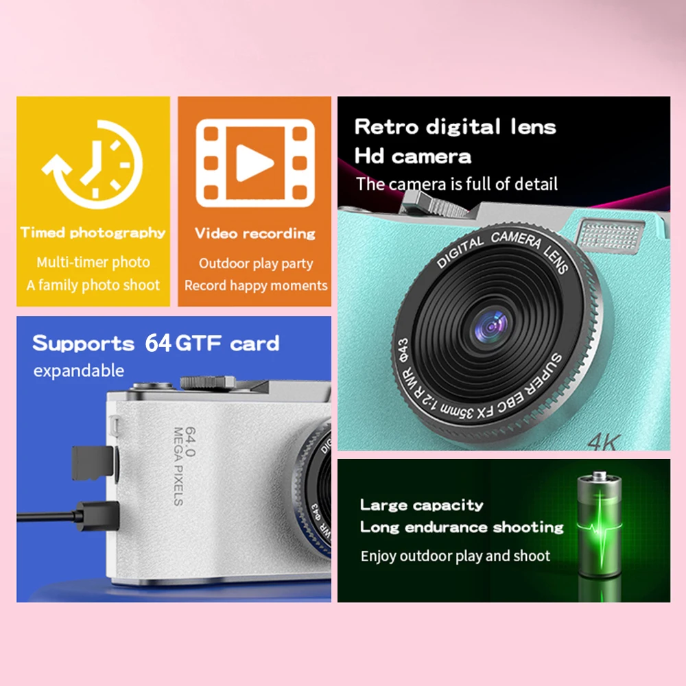HD Digital Camera 4K 64MP Photography Camera Video Camcorder 2.4 inch Screen Camcorder for Photography for Kid Adult Beginners