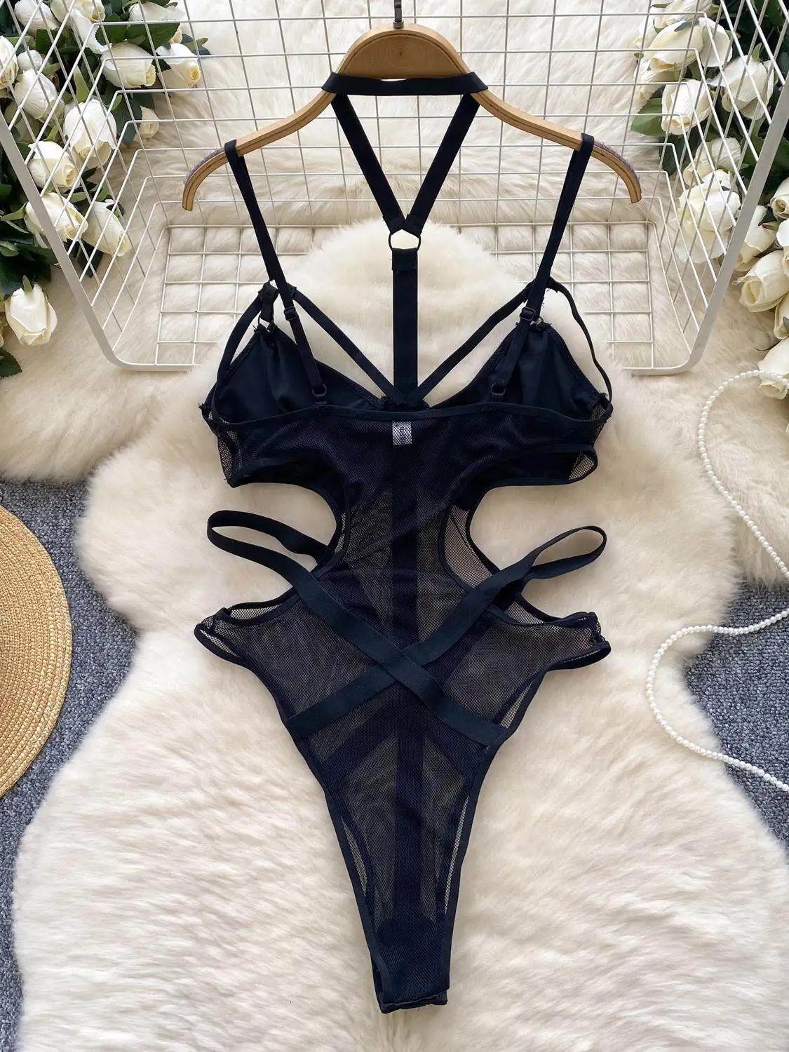 strappy mesh bodysuit with sheer waist detail