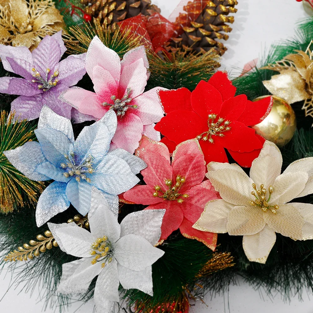 Artificial Glitter Xmas Flower Poinsettia Flower Head Christmas Tree Wreath Ornament Home Decoration Navidad New Year Decoration