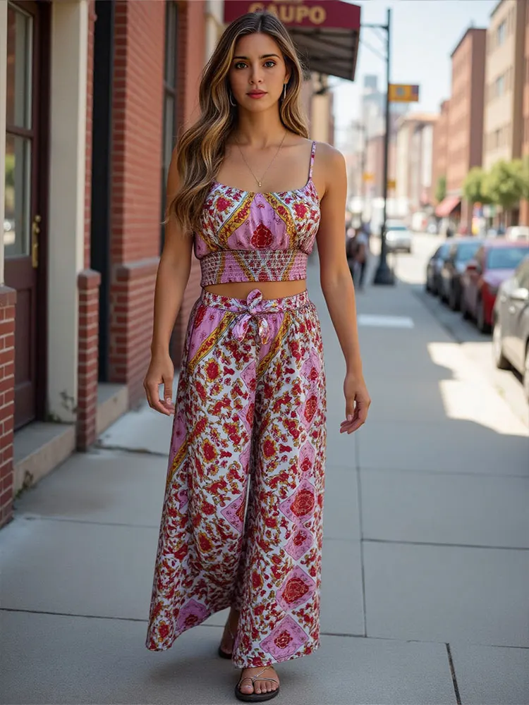 HH Women Fashion Print Pant Sets Sleeveless Strap Top Loose Casual Elastic Waist Trousers 2025 Summer Lady Bohemian Outfits