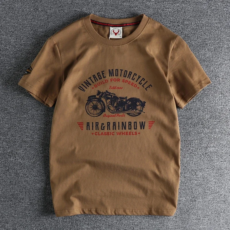 Summer American Retro Short-sleeved O-neck Motorcycle Printed T-shirt Men's Fashion Simple Cotton Washed Casual Sport Tops t shirts men sports tops