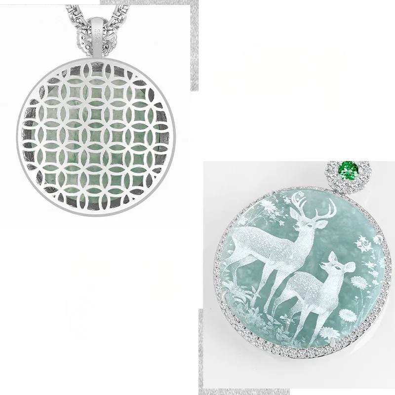 Natural Burmese Blue Emerald Deer Pendant Necklace 925 Silver Jade Fashion Charm Jewelry Shadow Carving Amulet Gifts for Women