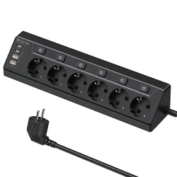 EU Plug Wall - Mounted Power Socket with 6 AC Outlets, 4 USB Ports & Child Safety Features - 2 Meter Extension Cord - Black