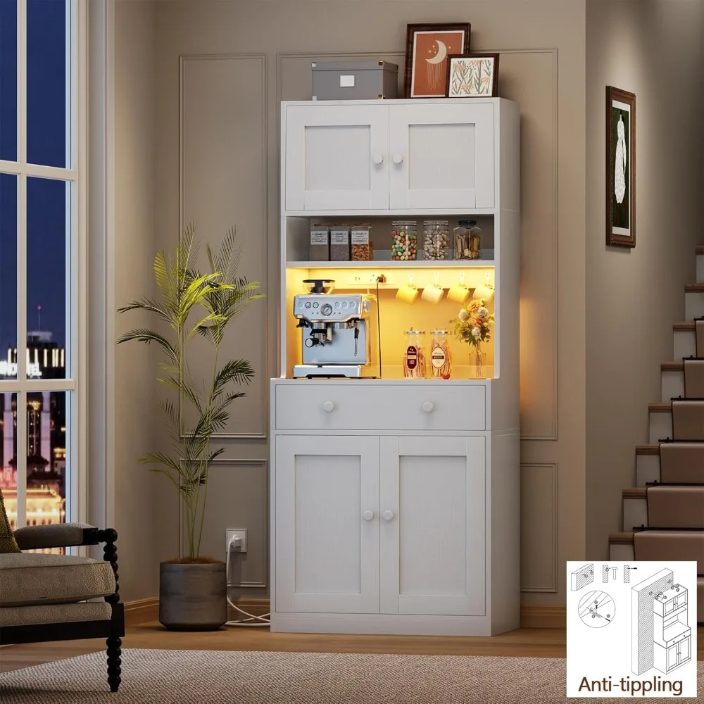 71" Tall Kitchen Pantry Cabinet with Power Outlet & LED Light, Freestanding Storage with 4 Doors, Shelves, Drawer, White