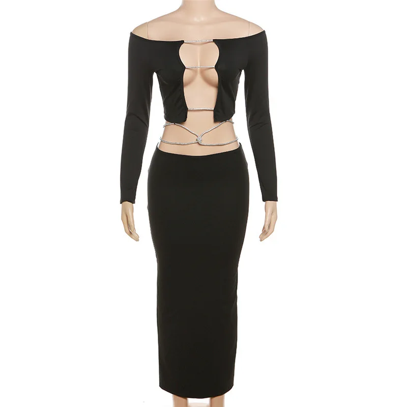Off Shoulder Shiny Straps Lace Up 2 Piece Set Women Sexy Hollow Out Slash Neck Full Sleeve Crop Tops Back Split Bodycon Skirts