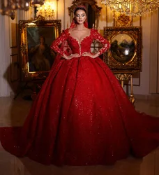 Amazing Red Dubai Lace Wedding Dresses Sparkly Beads Shinny Women Arabic Bridal Gowns 2022 Long Sleeves Church Marriage Outfits
