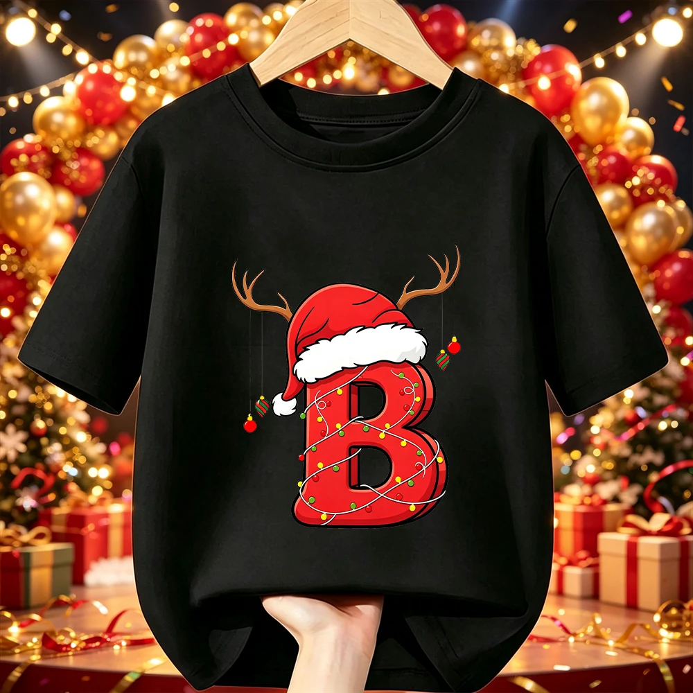 Baumwoll-Kinder-Weihnachts-T-Shirt mit Cartoon-Weihnachtsmann, Rentiergeweih, Lichterkette, A-Z-Druck, Kurzarm, O-Ausschnitt, Weihnachtsfeier-T-Shirt, Kinderbekleidung