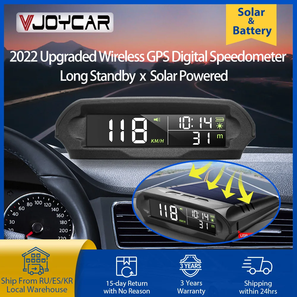 VJOYCAR S98 Universal Car Wireless HUD Display Digital GPS Speedometer with Solar Charged Over-speed Alarm Car's Temp. Altitude