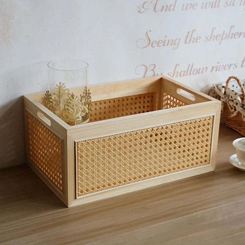 

Solid Wood Storage Box Rattan Basket Tea Set Snacks Sundries Storage Basket Woven Basket Modern Simplicity Home Storage