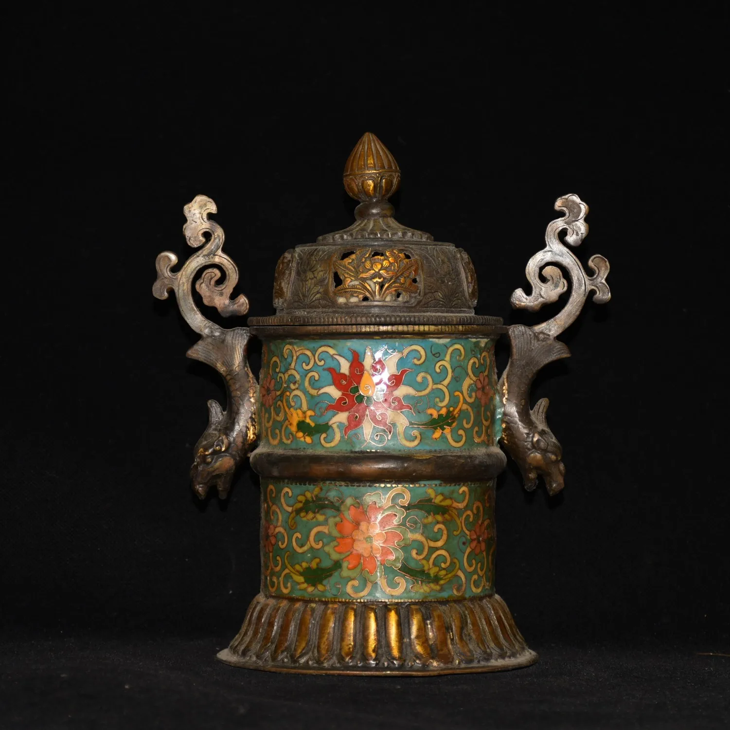 

10"Tibetan Temple Collection Old Bronze Cloisonne Floral Texture Dragon Statue Ear Can shape incense burner Worship Hall
