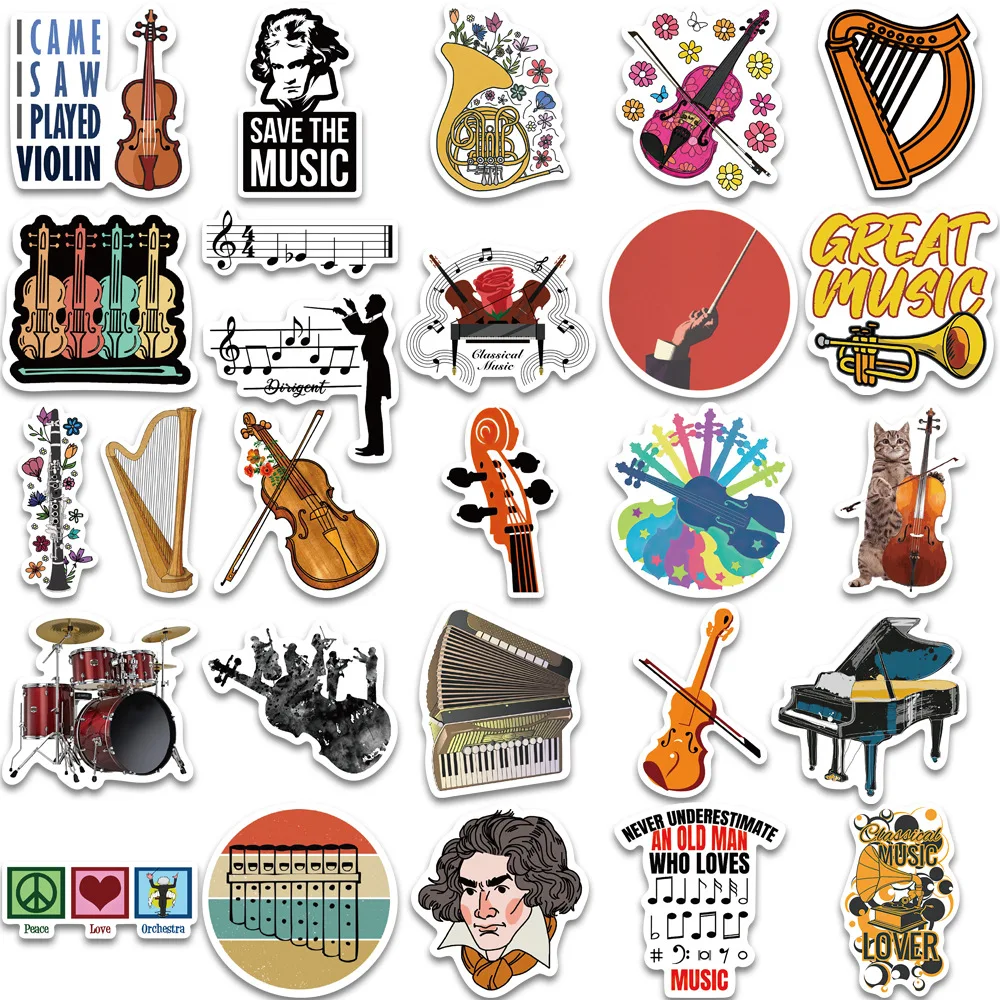 52PCS Musical Instrument Orchestra Music Cartoon Graffiti Stickers Guitar  Refrigerator Luggage Kid Classic Toy Sticker Decals - AliExpress, image size:1000x1000