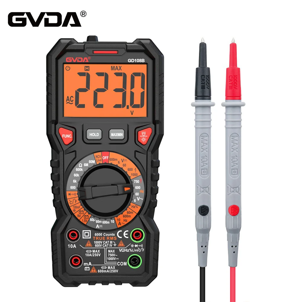 

GVDA NEW Digital Multimeter Ture RMS Auto Range 6000 Counts Multimetro 1000V 10A AC DC Ohm Hz NCV Live Voltage Temperature Meter