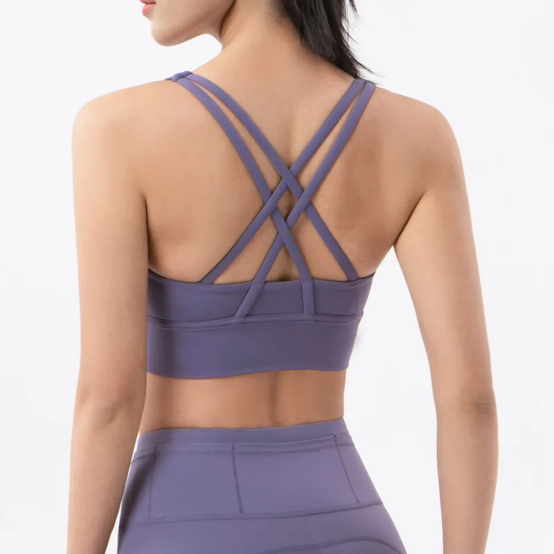 

New Women Sports Bra Double Sided Grinding Cross Back Shockproof Gathered Yoga Sports Bra Running Yoga Fitness