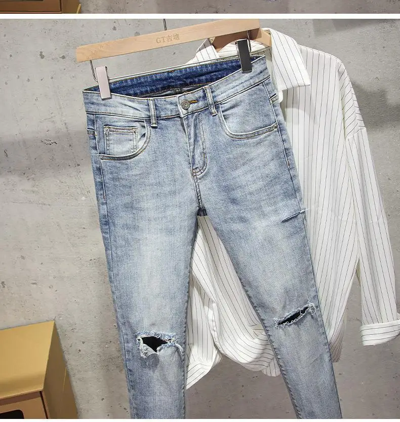 Description Picture 5 of item2024 Korean Fashion Men New Summer Luxury Brand Men's cowboy washed Slim Casual Denim Jeans Distressed Holes Distressed Jeans
