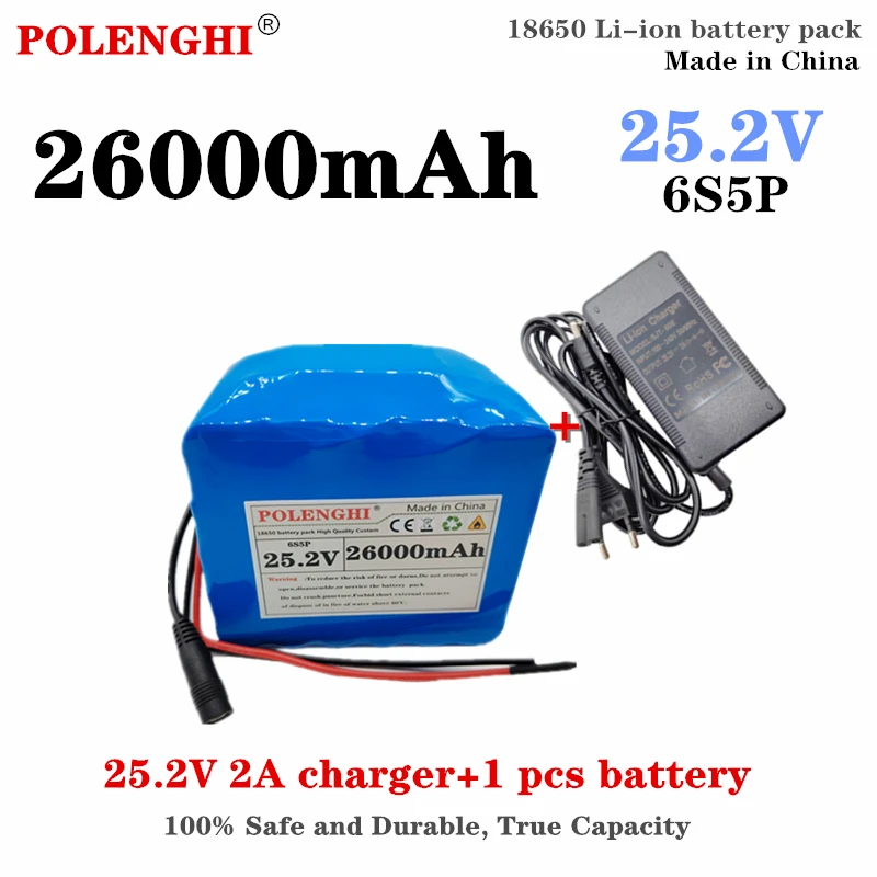 

POLENGHI 100% True Capacity 24V/25.2V Lithium Battery Pack 6s5p 18650 Battery 26Ah Electric Bicycle Battery Built in BMS+Charger