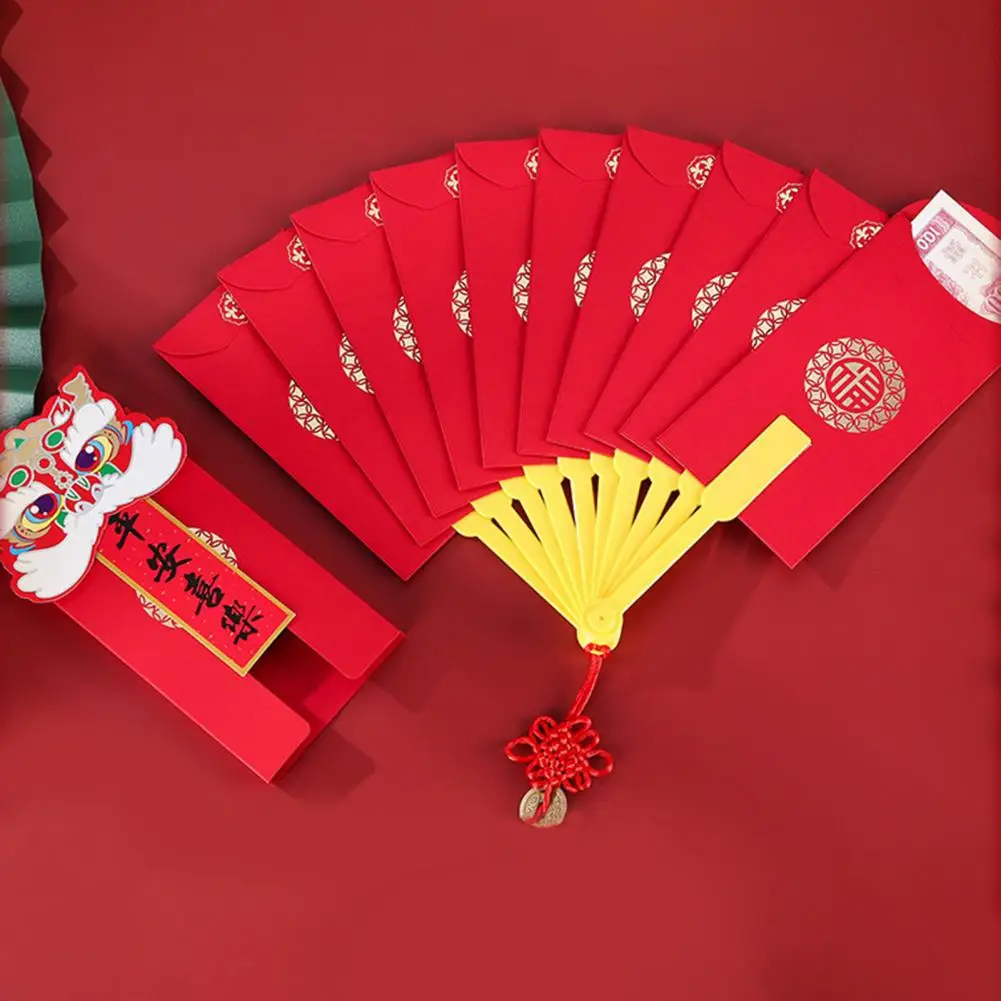 

Year of The Dragon Red Envelope Fan Design Cute Cartoon Pattern with Tassels Traditional Chinese Money Holder Lucky Red Envelope