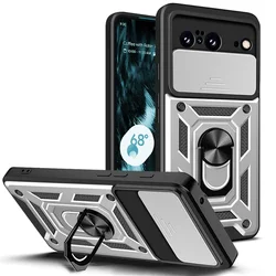 Military Grade Armor Phone Case with Camera Lens Protection and Magnetic Holder Ring Cover - Pixel 8A (Sliver)