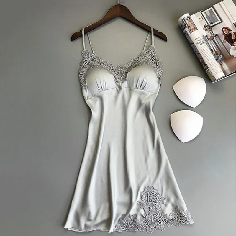 Ladies Silk Satin Night Dress Sleeveless V-neck Nightgown Nightdress Lace Sleepwear for Women Sleep Tops women nightgowns women nightdresses sleeping dress