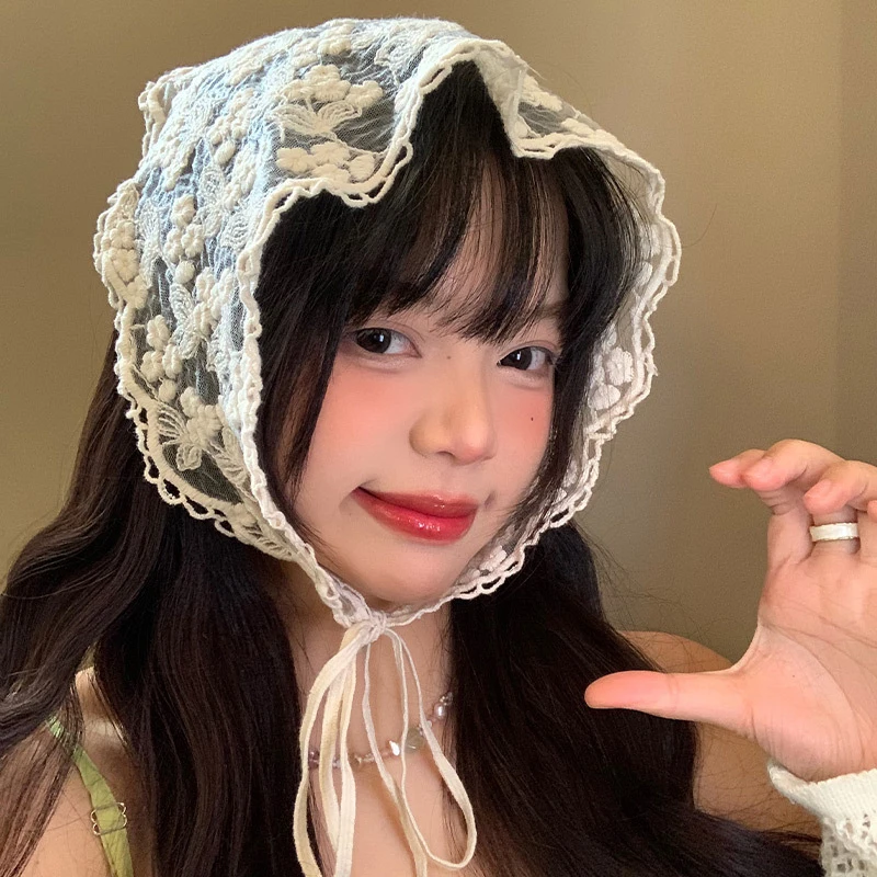 프렌치 레이스 삼각형 헤어 스카프, 한국 헤어 밴드, 스위트 스카프, 용수철, 여름, 여성, 소녀, 머리 장식