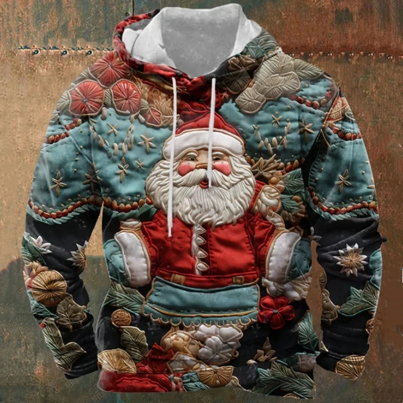 thumbnail image 1 of Sudadera con capucha para hombre con estampado 3D de árbol de Navidad y Papá Noel de finales de 2023, sudadera con capucha extragrande para ocio festivo, 1 of 5