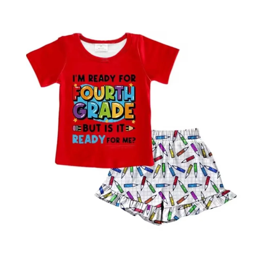 

Back to School Pencil Print Shorts Red T-Shirt Set Boutique Girls Summer Clothes Cute Kids Clothes Wholesale