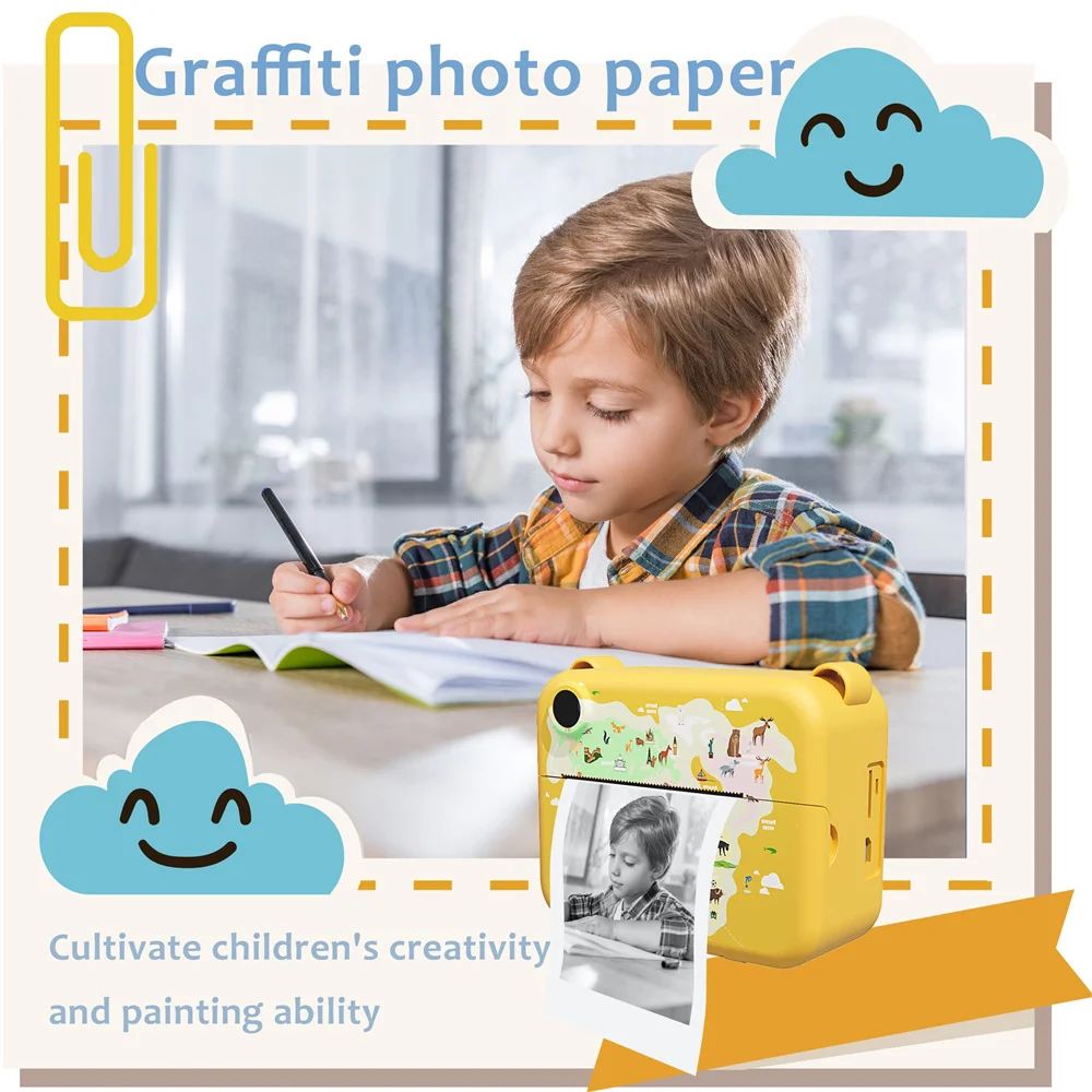 Print Camera For Kids, 2 Inch Screen Kids Camera For Boys With 3 Print Paper, Birthday Gift HD Digital Video Instant Toys