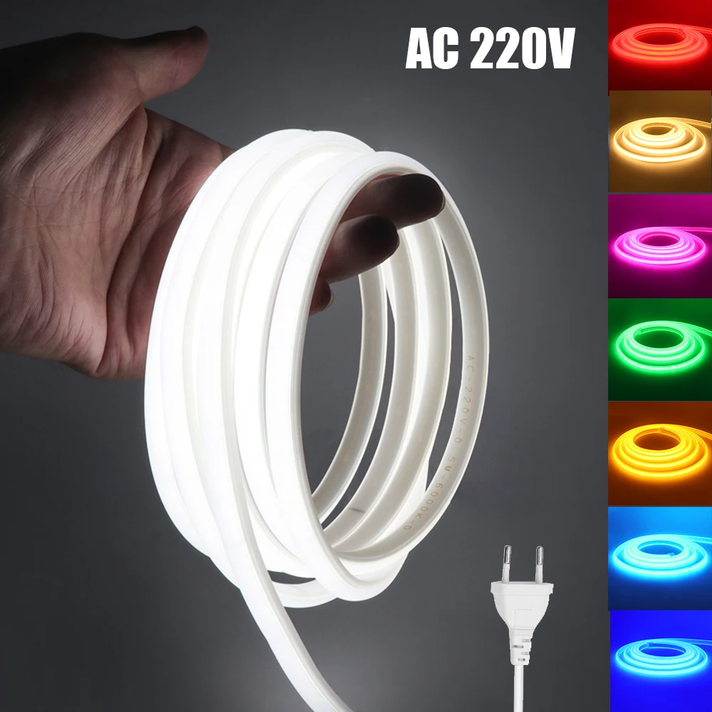 220V COB Strip White /Red /Ice Blue /Pink /Yellow /Purple Waterproof Home Decor Outdoor Lamp Flexible LED Neon Ribbon Light