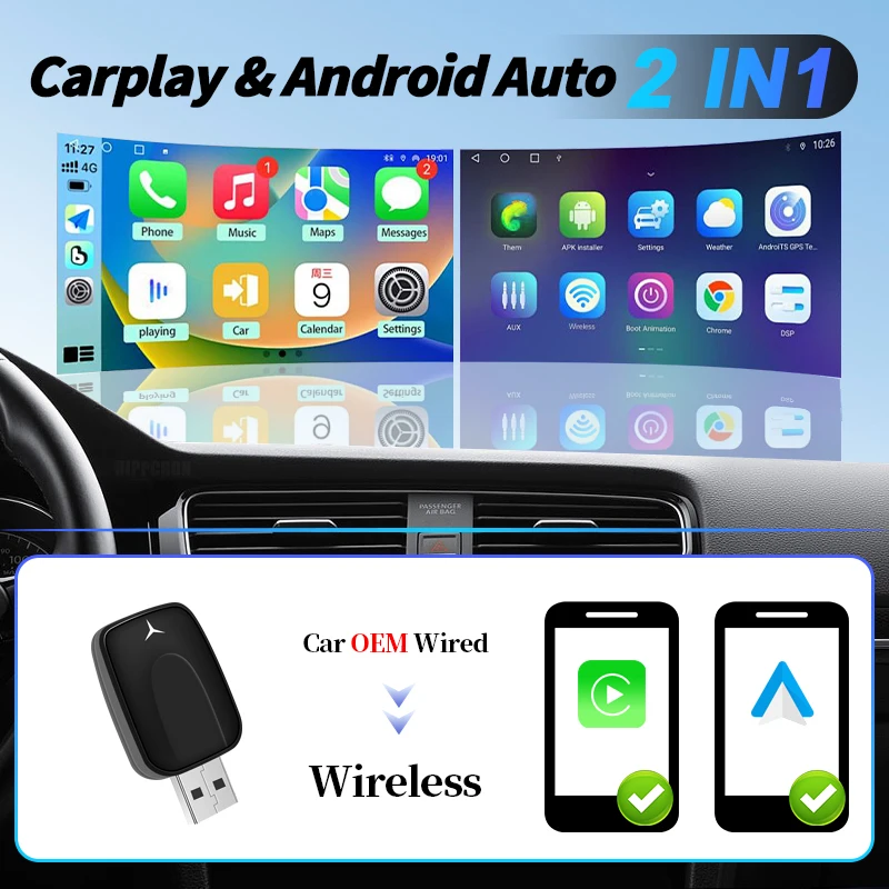 2in1 Wired to Wireless Carplay Adapter Android Auto Smart Dongle Plug Play For A