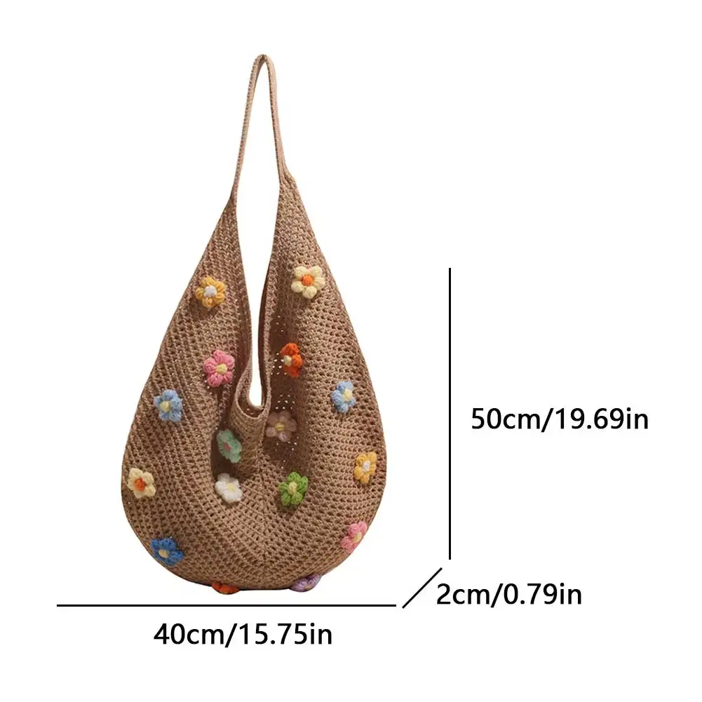 Women Flower Knitted Shoulder Bag Handwoven Hobo Bag Large Capacity Summer Beach Bag Casual Top Handle Bag Outdoor Travel Bag