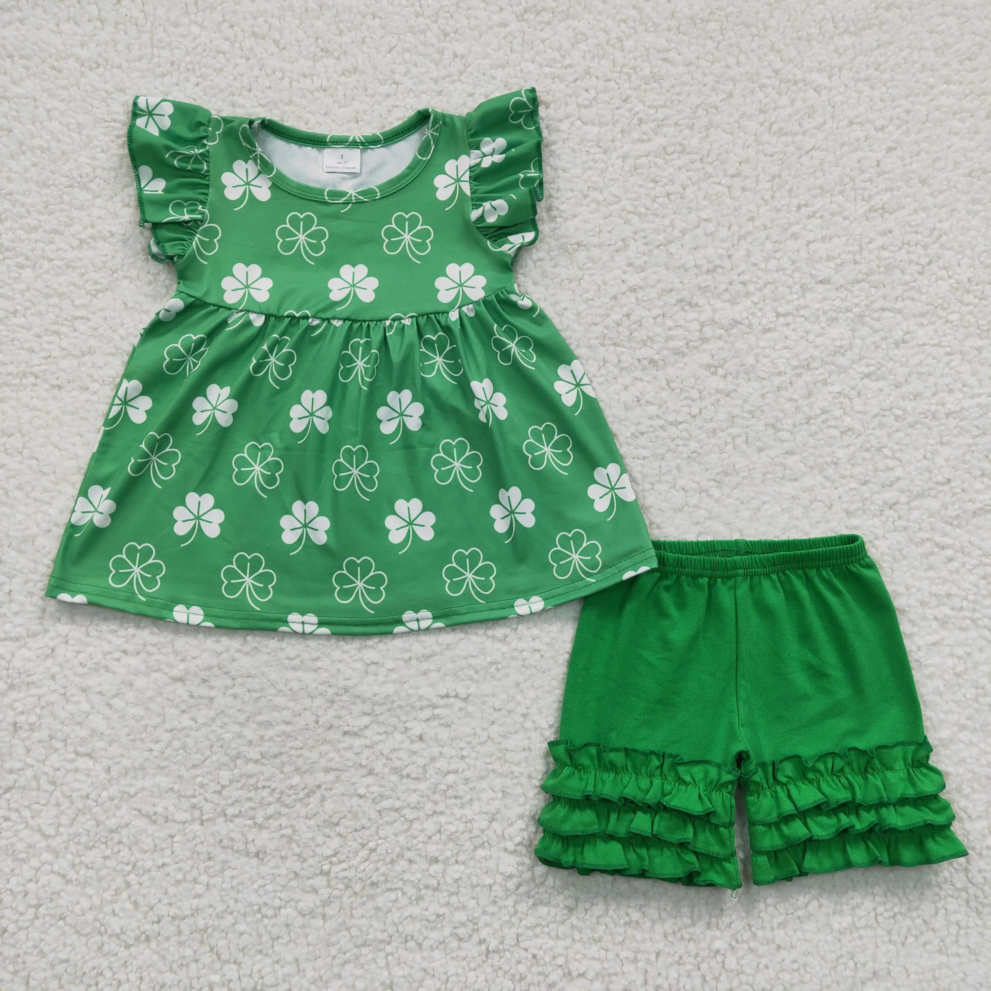 

A11-21 Fashion Girl St. Patrick's Day Green Four-Leaf Clover Small Flying Sleeve Lace Shorts Set