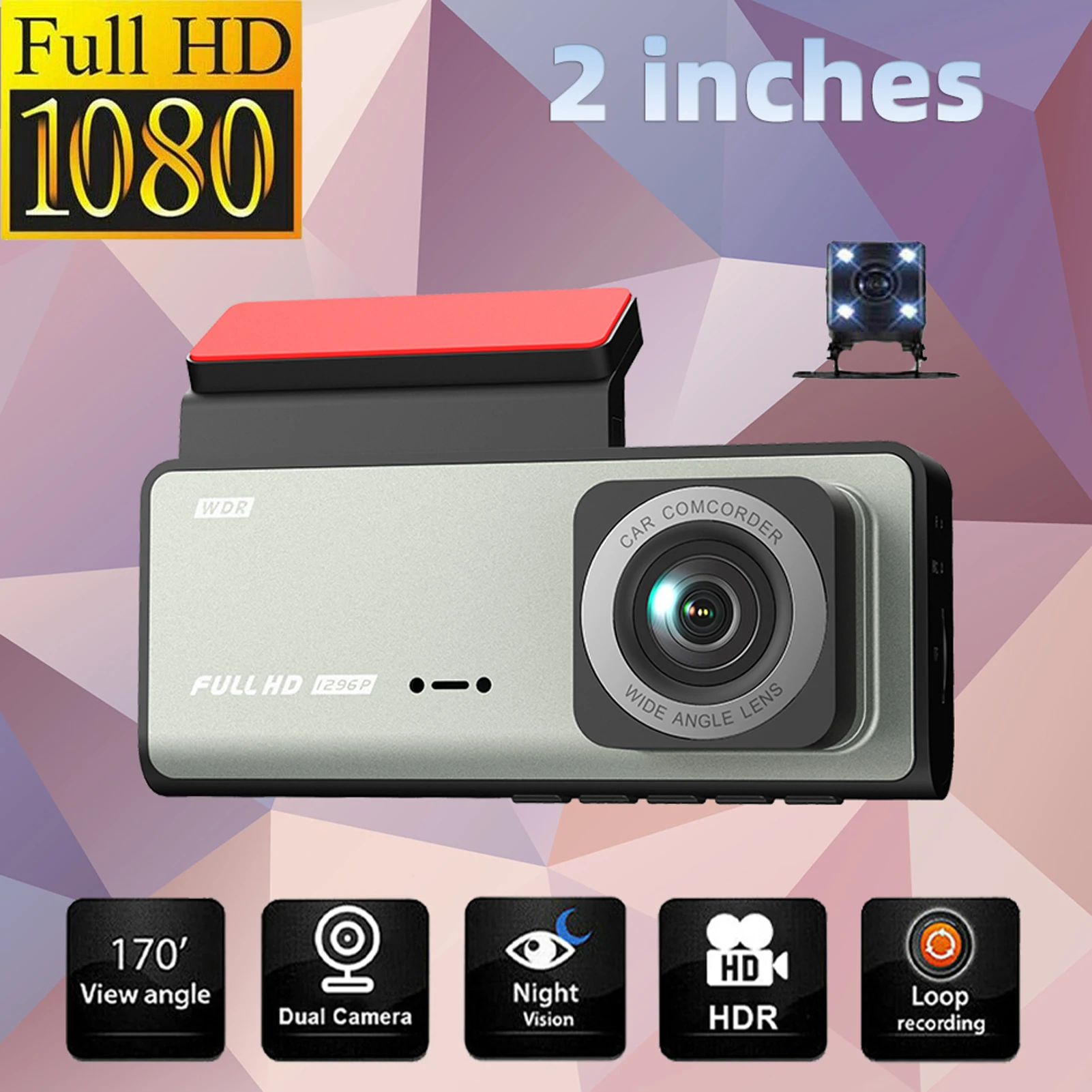 Dash Cam Front and Rear Inside, 1080P + 480P + 480P Three Way Triple Car Camera, Built-in Wi-Fi, 2.0" IPS Screen, Night Vision, - 4