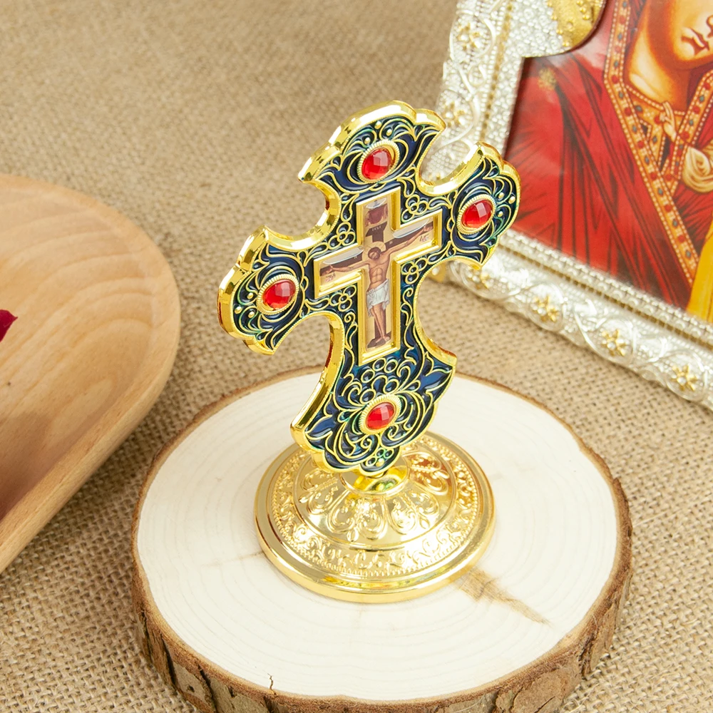 HTISOK Östliches orthodoxes Kreuz, Jesus-Kruzifix, christliches stehendes Kreuz mit Sockel für kirchliche Heimdekoration, religiöse Lieferungen – Detail 6