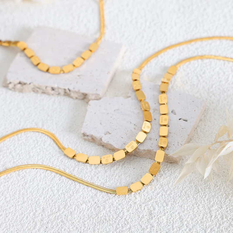 

New Gold Color Stainless Steel Choker Snake Chain Necklace For Women Square Letter Card Love Jewelry Gift