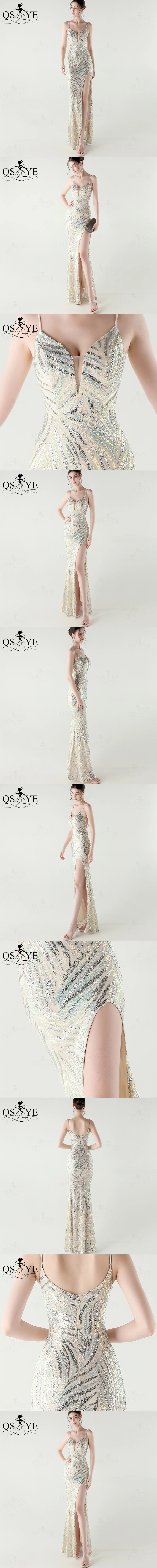 Purple Sequin Evening Dresses Mermaid Spaghetti Straps V Neck Prom Gown Glitter Pattern Sequin Lace Elegant Long Formal Dress