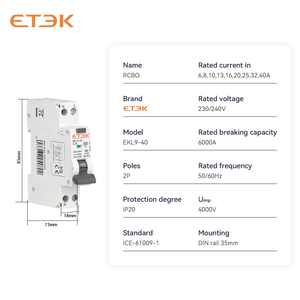 ETEK A Type 2Pole 18mm Residual Automatic circuit breaker DPN Over Current Leakage Protection 30mA EKL9