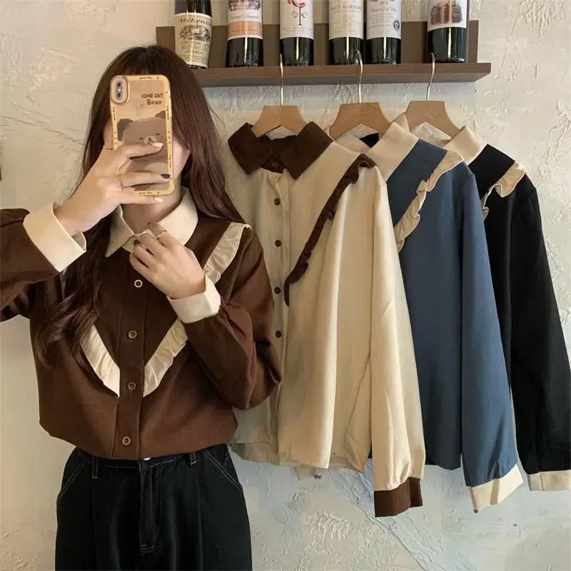 

2023 New Spring Autumn Polo Neck Long Sleeve Loose Single-breasted Solid Color Ruffles Korean Style Office Women's Blouse C307