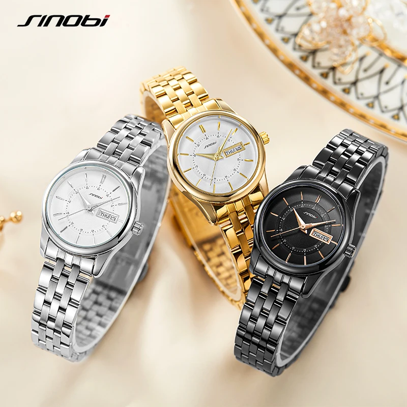 SINOBI Original Design Ladies Watches Fashion Dress Woman's Quartz Wristwatches Golden Top Luxury Couple Clock Gifts for Husband