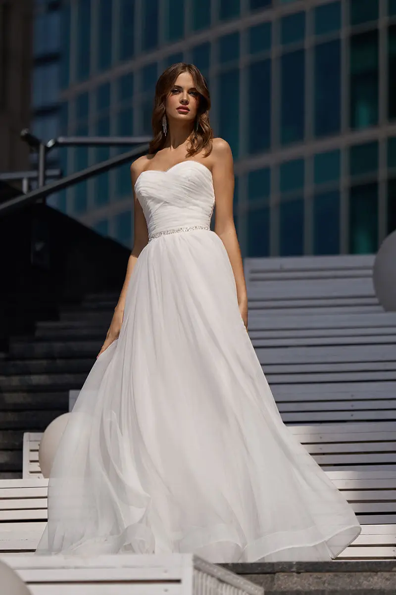 

Elegant Wedding Dress With Belt Simple Tulle Shinny Pleat Bridal Gowns 2024 Customize To Measures Floor Length Robe De mariee