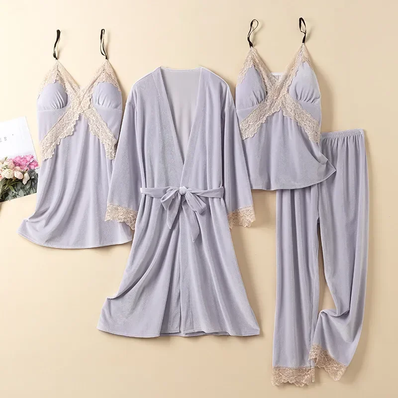 

Lingerie Velour Pajamas Nightgown Velvet Autumn Four Bathrobe Winter Robe Women Lace Piece Set Pijamas Sleep Sleepwear Suit