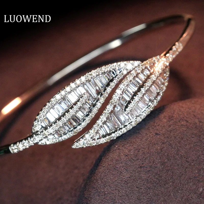 LUOWEND 100% Real 18K Au750 White Gold Bangle Genuine Natural Diamond Bracelet Shiny Leaf Shape Party Gifts Jewelry Customize