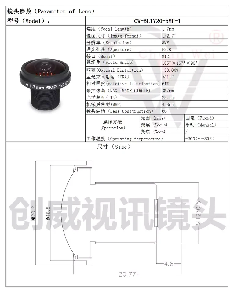 Obiettivo CCTV IR HD 5.0MP Grandangolo 180&deg; - M12 Per Telecamere
