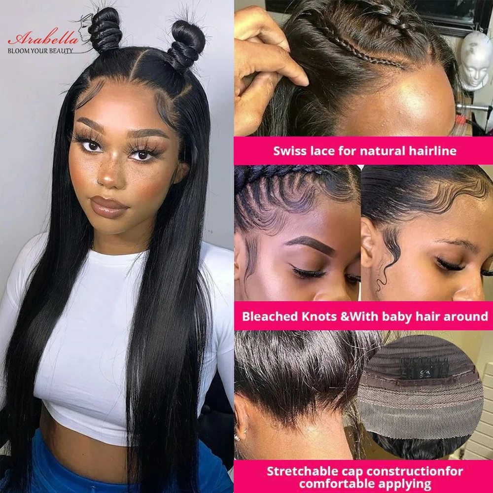 Human Hair Wig Lace Front Wig Human Hair Wigs Front Lace Wig Human Hair Wigs 13x4 Transparent Lace Straight Wig PrePlucked Bleached Knots Arabella Remy 100% Human Hair Lace Frontal Wig